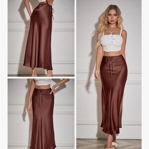 Elegant Brown Satin Maxi Skirt